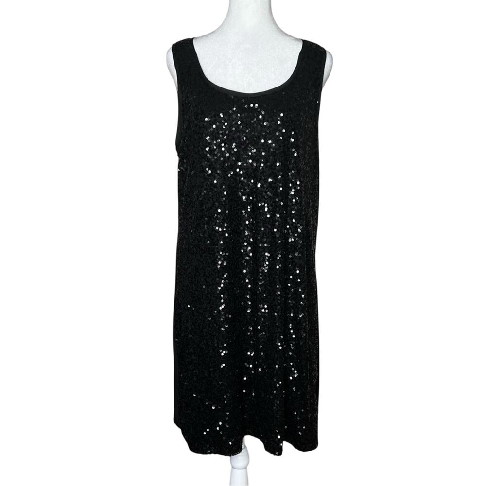Loft Black Sequin Mesh Jersey Tank Dress L Stretch LBD Cocktail Party Dressy